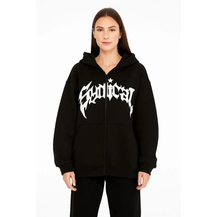 Kadın Kapüşonlu 3 İplik Şardonlu Önü Baskılı Fermuarlı Oversize Sweatshirt - Siyah