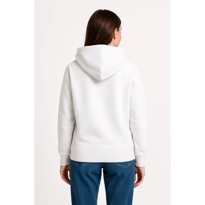 Kadın Kapüşonlu Kanguru Cepli 3 İplik Pamuklu Oversize Hoodie Sweatshirt - Beyaz