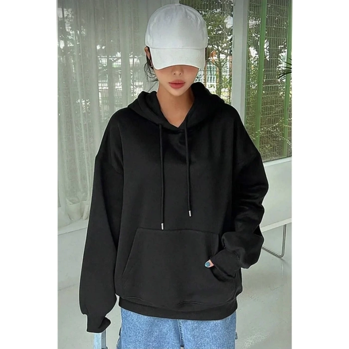 Kadın Kapüşonlu Kanguru Cepli 3 İplik Pamuklu Oversize Hoodie Sweatshirt - Siyah