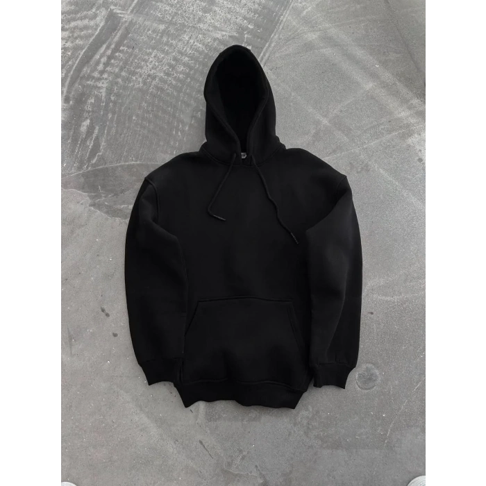 Kadın Kapüşonlu Kanguru Cepli 3 İplik Pamuklu Oversize Hoodie Sweatshirt - Siyah