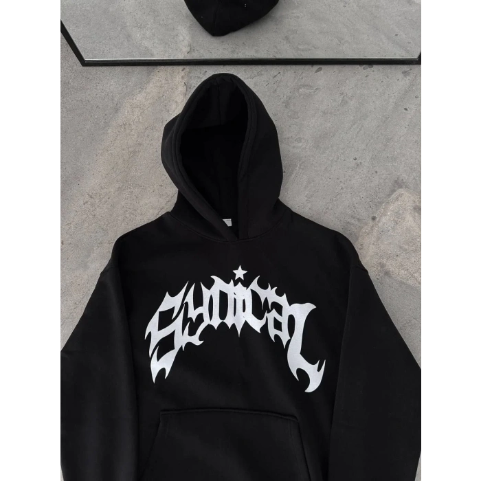 Kadın Kapüşonlu Kanguru Cepli Sweatshirt 3 İplik Pamuklu Baskılı Hoodie -  Siyah