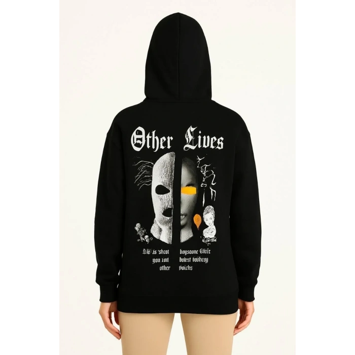 Kadın Kapüşonlu Kanguru Cepli Sweatshirt 3 İplik Pamuklu Baskılı Hoodie - Siyah