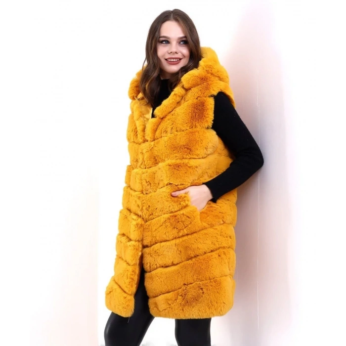 Kadın Kapüşonlu Peluş Kürk Yelek Premium Kalite Tam Astarlı Uzun Model - Sarı