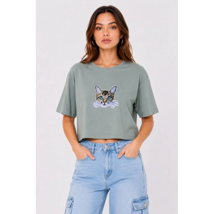 Kadın Kedi Baskılı Oversize Crop Tişört Salaş Basic Yarım Kol T-shirt - Mint Yeşili