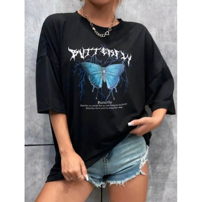 Kadın kelebek Baskılı Oversize kısa kol T-Shirt - Siyah