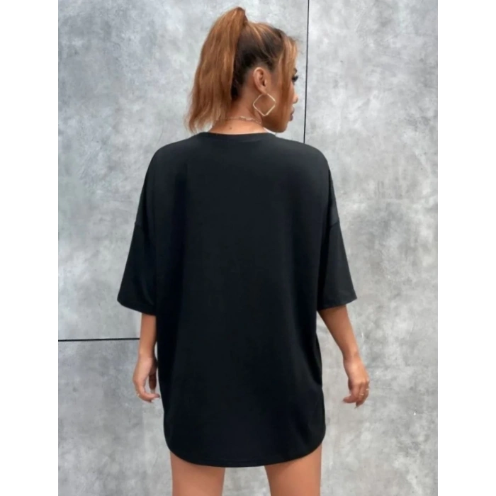Kadın kelebek Baskılı Oversize kısa kol T-Shirt - Siyah