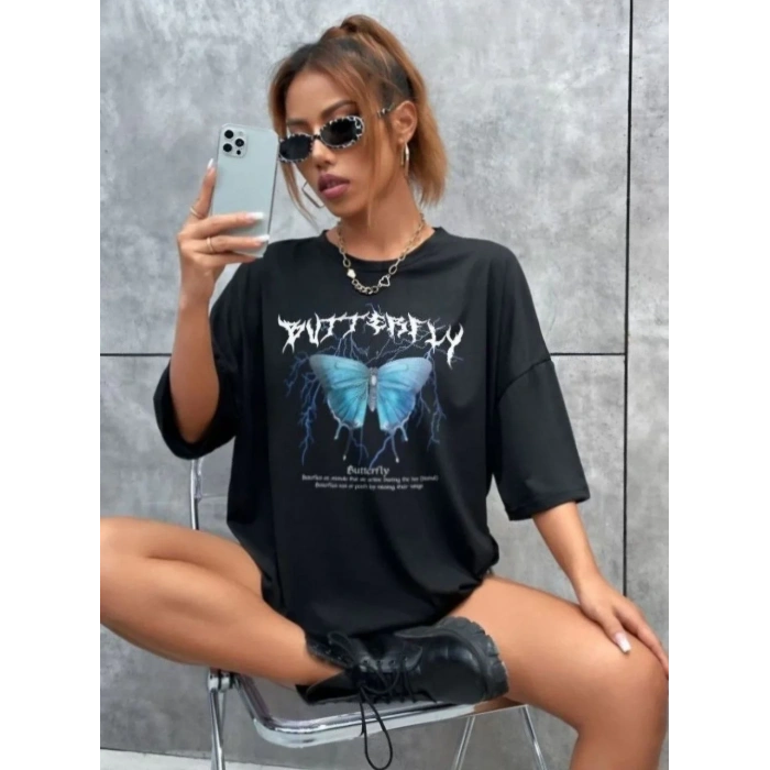 Kadın kelebek Baskılı Oversize kısa kol T-Shirt - Siyah