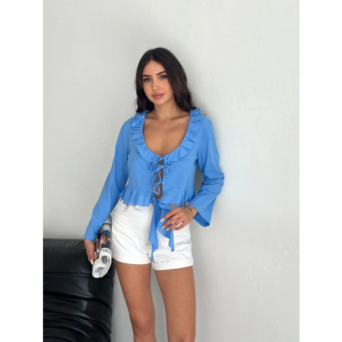 Kadın Keten Uzun Kol Bağacık Detaylı Bluz - Mavi