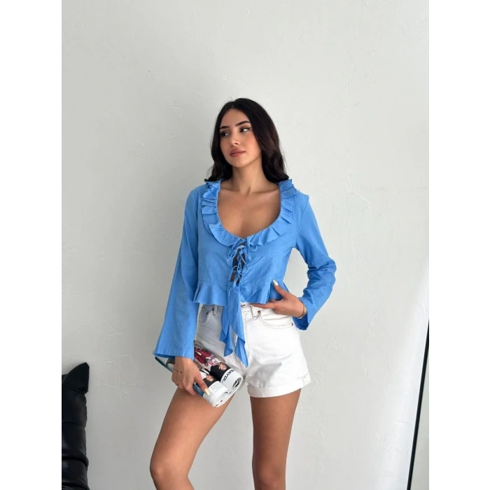 Kadın Keten Uzun Kol Bağacık Detaylı Bluz - Mavi