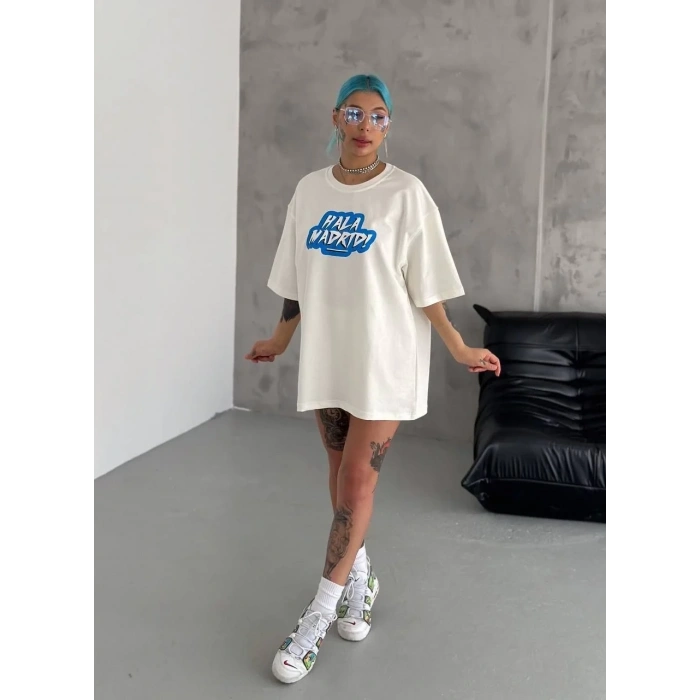 Kadın Kısa Kol Yazlık Tişört Bisiklet Yaka Baskılı Oversize T-Shirt - Beyaz