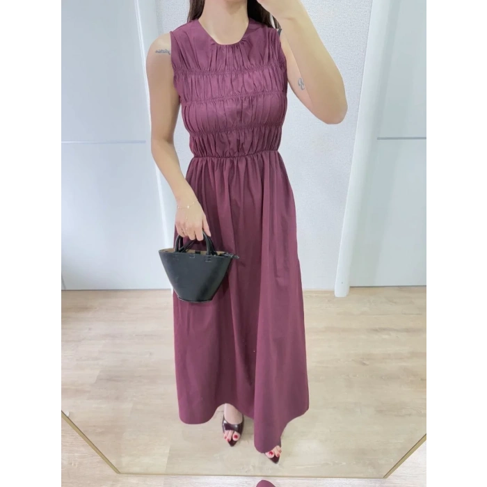 Kadın Kolsuz Göğüs Lastıklı %100 Poplin Uzun Elbise - Bordo