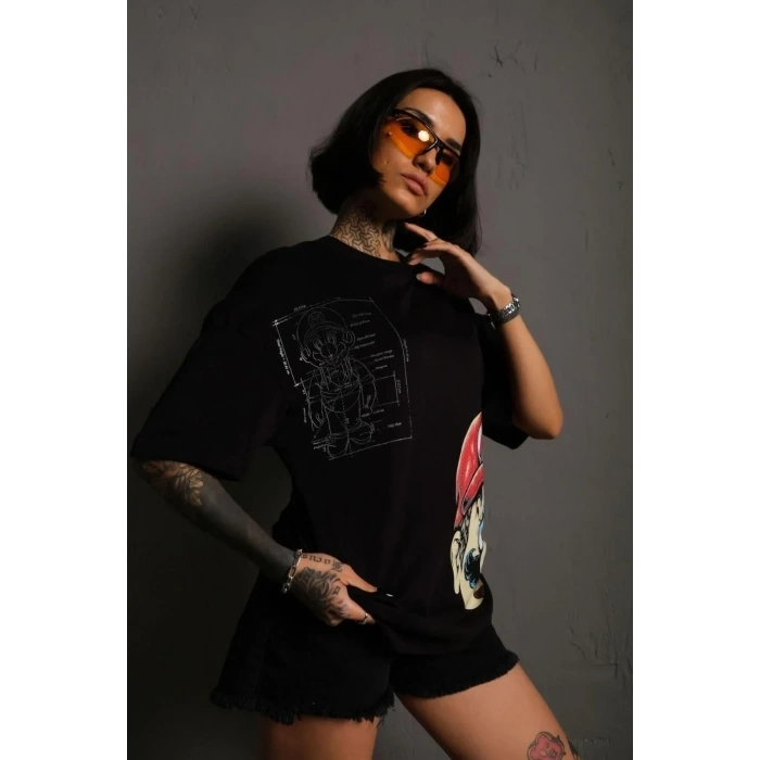 Kadın Mario Baskılı T-Shirt Oversize Kısa kol Bisiklet yaka tişort - Siyah