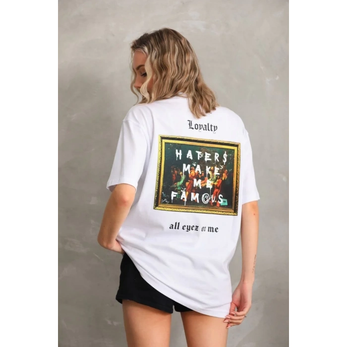 Kadın ön ve arka Baskılı Oversize Kısa kol  T-Shirt - Beyaz