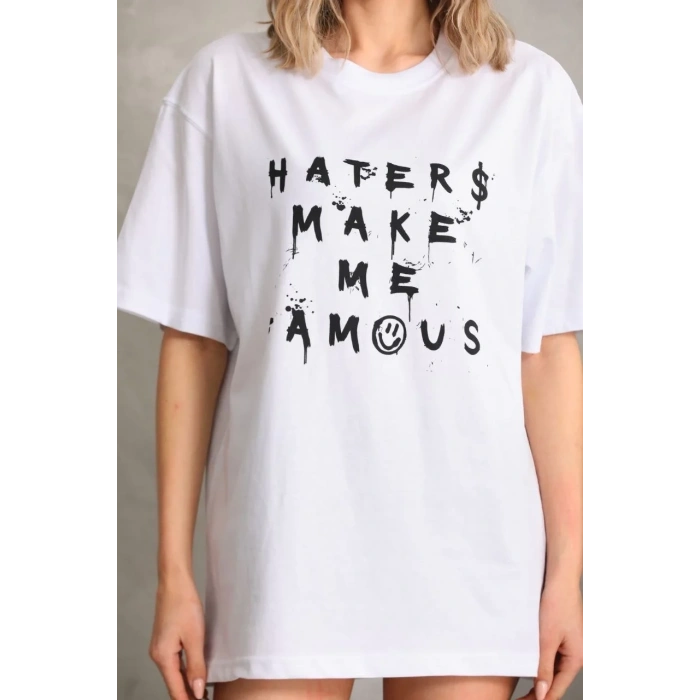 Kadın ön ve arka Baskılı Oversize Kısa kol  T-Shirt - Beyaz