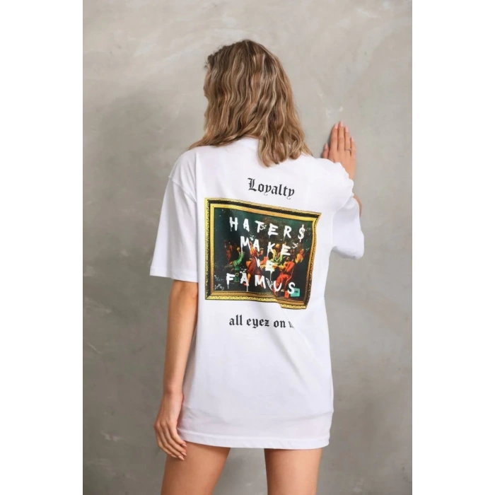 Kadın ön ve arka Baskılı Oversize Kısa kol  T-Shirt - Beyaz