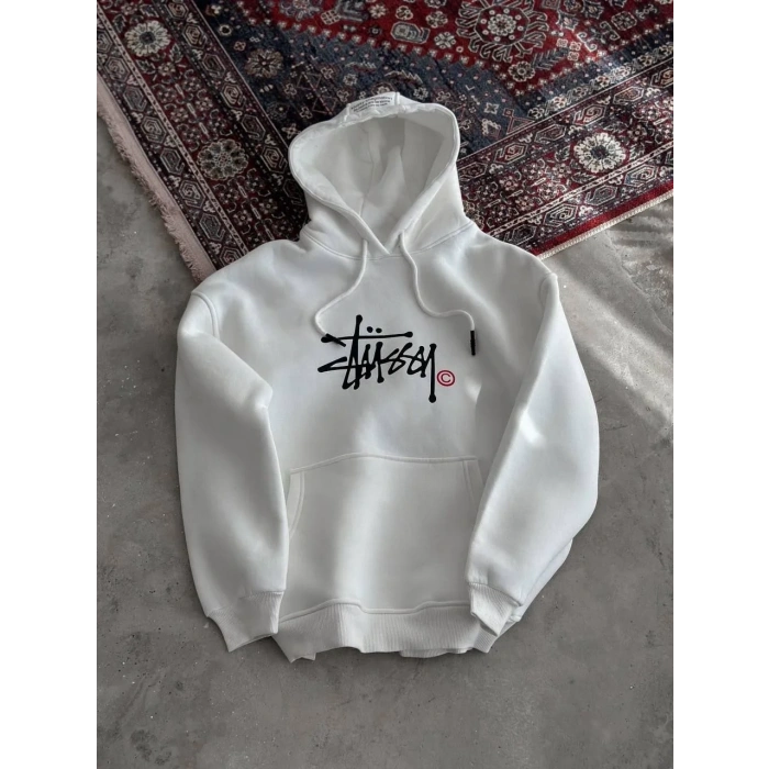 Kadın Oversize Kapüşonlu Cepli Baskılı 3 İplik Pamuklu Hoodie Sweatshirt - Beyaz