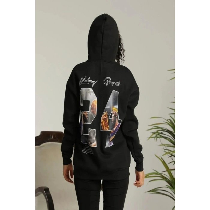 Kadın Oversize Kapüşonlu Cepli Baskılı 3 İplik Pamuklu Hoodie Sweatshirt - Siyah