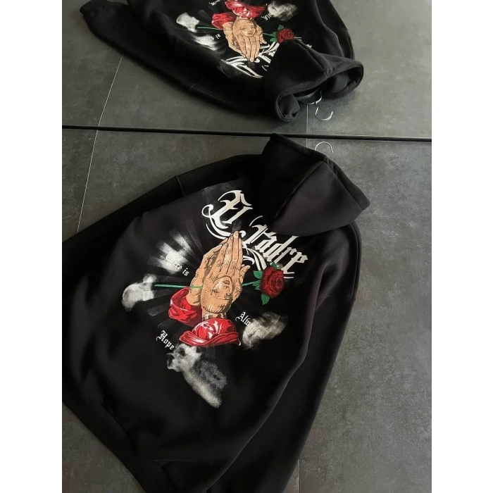 Kadın Oversize Kapüşonlu Cepli Baskılı 3 İplik Pamuklu Hoodie Sweatshirt - Siyah