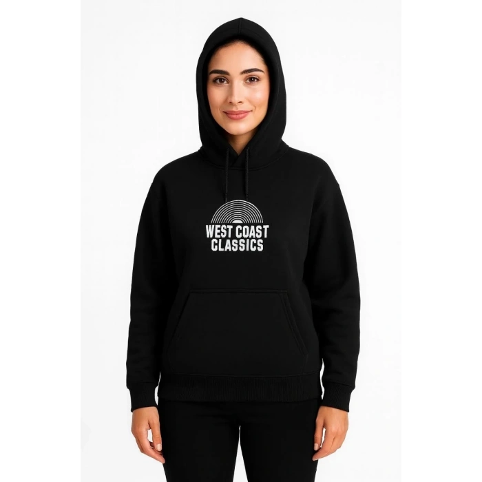 Kadın Oversize Kapüşonlu Cepli Baskılı 3 İplik Pamuklu Hoodie Sweatshirt - Siyah