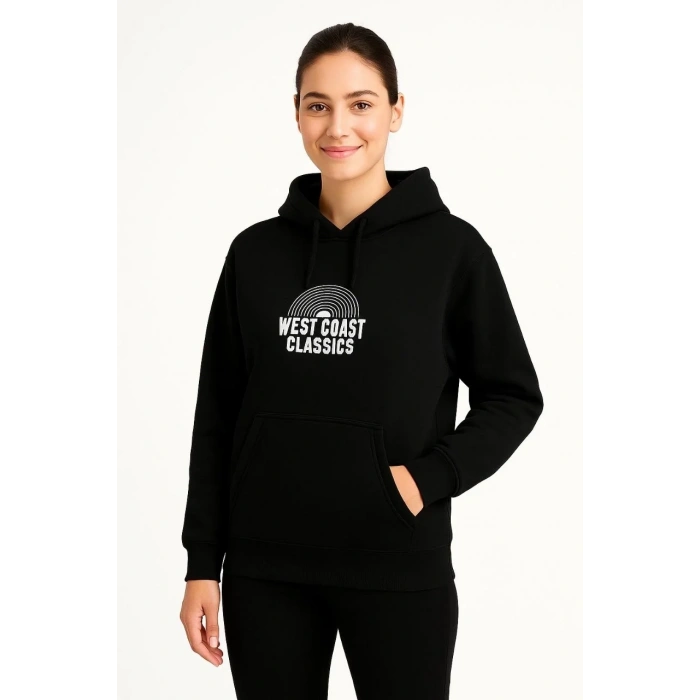 Kadın Oversize Kapüşonlu Cepli Baskılı 3 İplik Pamuklu Hoodie Sweatshirt - Siyah