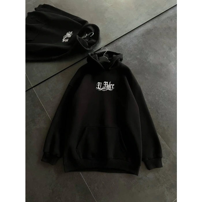 Kadın Oversize Kapüşonlu Cepli Baskılı 3 İplik Pamuklu Hoodie Sweatshirt - Siyah
