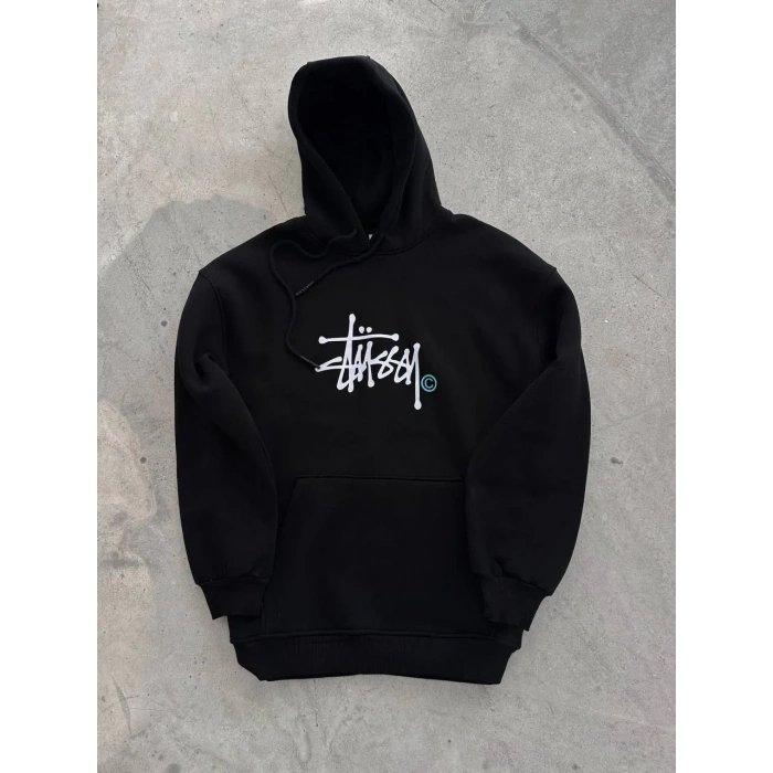 Kadın Oversize Kapüşonlu Cepli Baskılı 3 İplik Pamuklu Hoodie Sweatshirt - Siyah