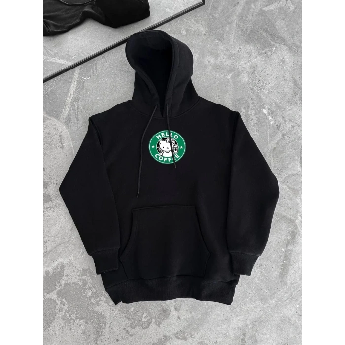 Kadın Oversize Kapüşonlu Kanguru Cepli Baskılı 3 İplik Pamuklu Sweatshirt Hoodie -   Siyah