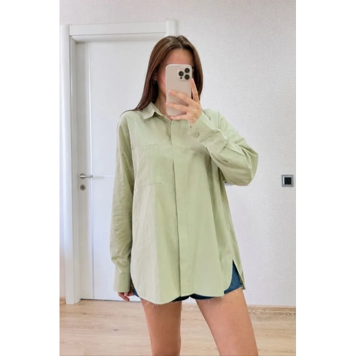 Kadın Oversize Pens Detaylı Cepli Yırtmaçlı Rahat Kalıp Poplin Gömlek - Yeşil