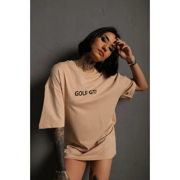 Kadın Oversize Tişört Golf GTI Retro Araba Baskılı T-shirt - Bej
