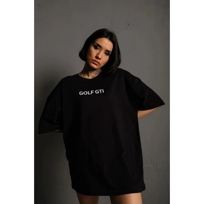 Kadın Oversize Tişört Golf GTI Retro Araba Baskılı T-shirt- Siyah