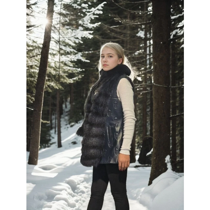 Kadın Premium Doğal Kürk Kolsuz Fermuarlı Yelek - Lacivert