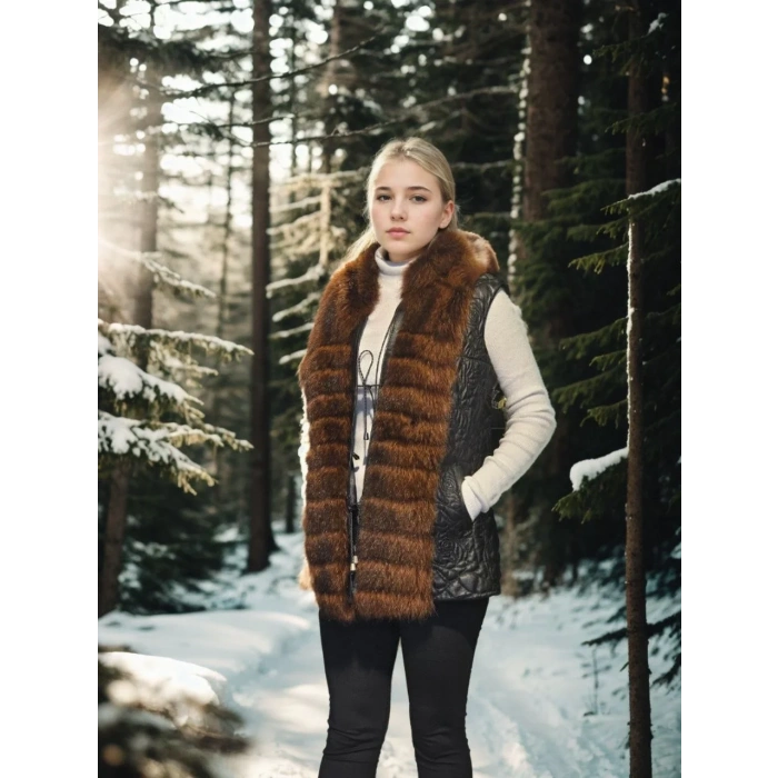 Kadın Premium Doğal Kürk Kolsuz Fermuarlı Yelek - Siyah