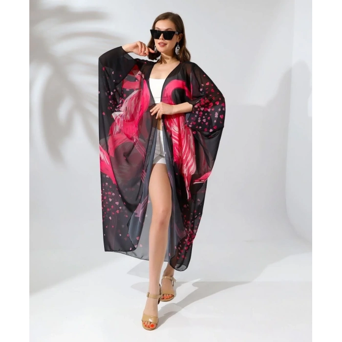 Kadın Rahat Kesim Şifon Kimono - Siyah