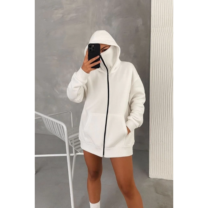 Kadın Samuray Ninja Çift Kapüşonlu Maske Detaylı 3 İplik Hoodie - Beyaz