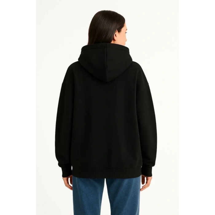 Kadın Samuray Ninja Çift Kapüşonlu Maske Detaylı 3 İplik Hoodie - Siyah