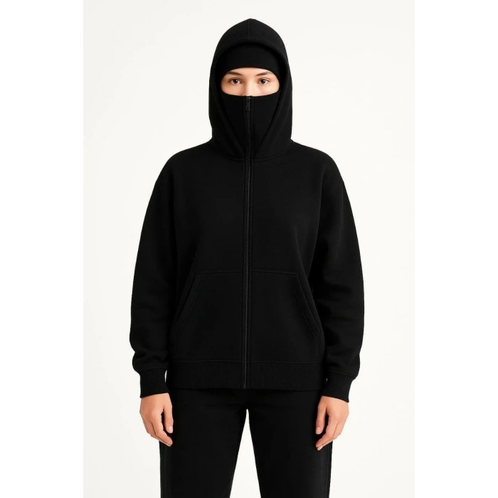 Kadın Samuray Ninja Çift Kapüşonlu Maske Detaylı 3 İplik Hoodie - Siyah
