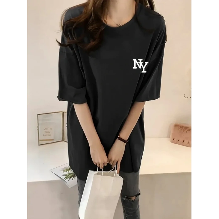 Kadın T-shirt Bisiklet yaka  NY Baskılı kısa kol Tişört - Siyah