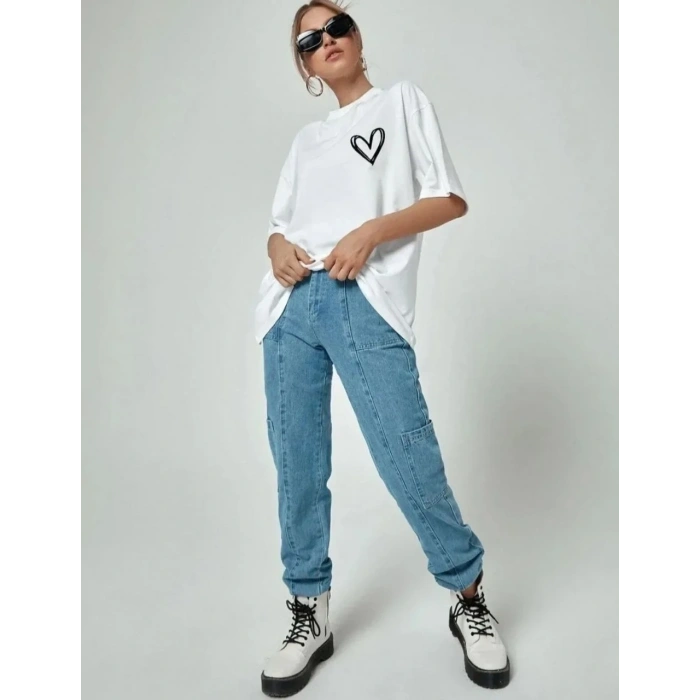 Kadın Tişört Bisiklet Yaka Baskılı Oversize T-Shirt - Beyaz