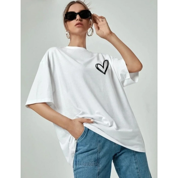 Kadın Tişört Bisiklet Yaka Baskılı Oversize T-Shirt - Beyaz