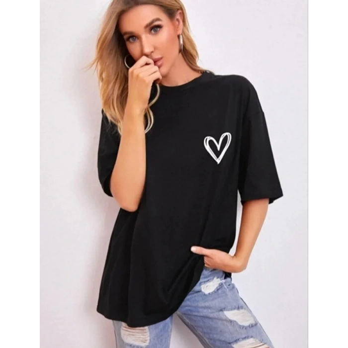 Kadın Tişört Bisiklet Yaka Baskılı Oversize T-Shirt - Siyah