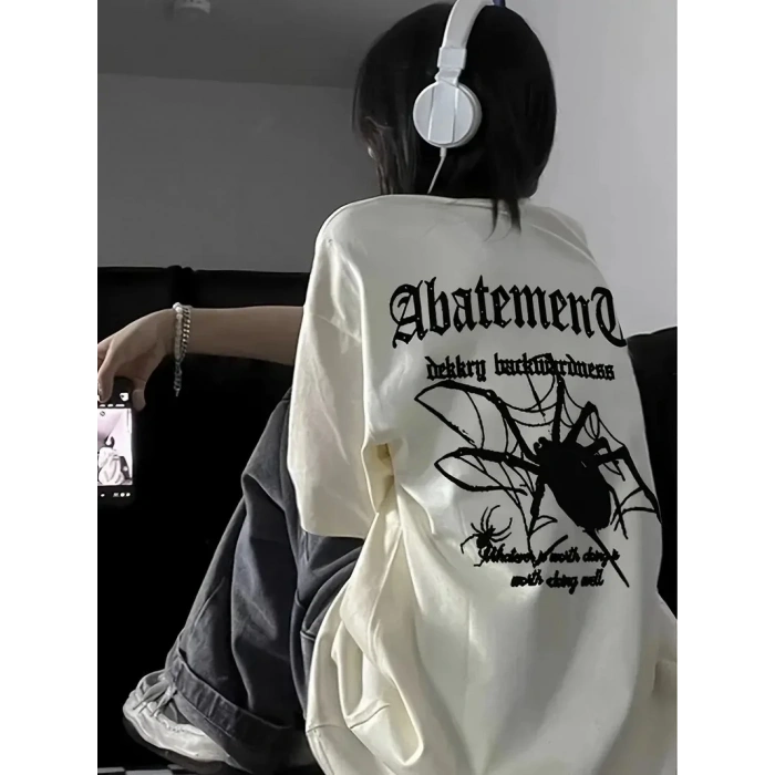 Kadın Tişört Örümcek Baskılı Bisiklet Yaka T-shirt - Beyaz