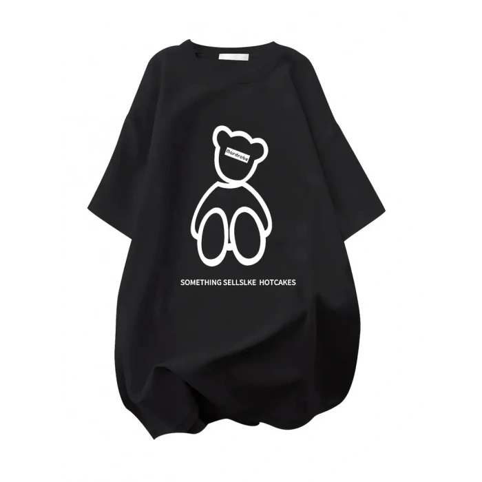 Kadın Tişört Penye Compack Baskılı Oversize Bisiklet Yaka T-shirt - Siyah