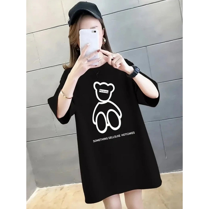 Kadın Tişört Penye Compack Baskılı Oversize Bisiklet Yaka T-shirt - Siyah