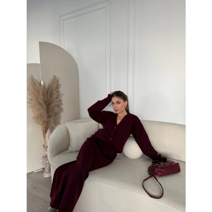 Kadın V Yaka 3 Düğmeli Hırka Triko İkili Alt-Üst Etekli Takım - Bordo
