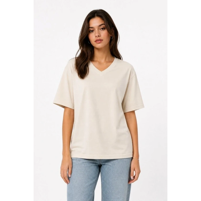 Kadın V Yaka Basic Tişört Kısa Kol Yazlık Regular Fit T-Shirt - Bej