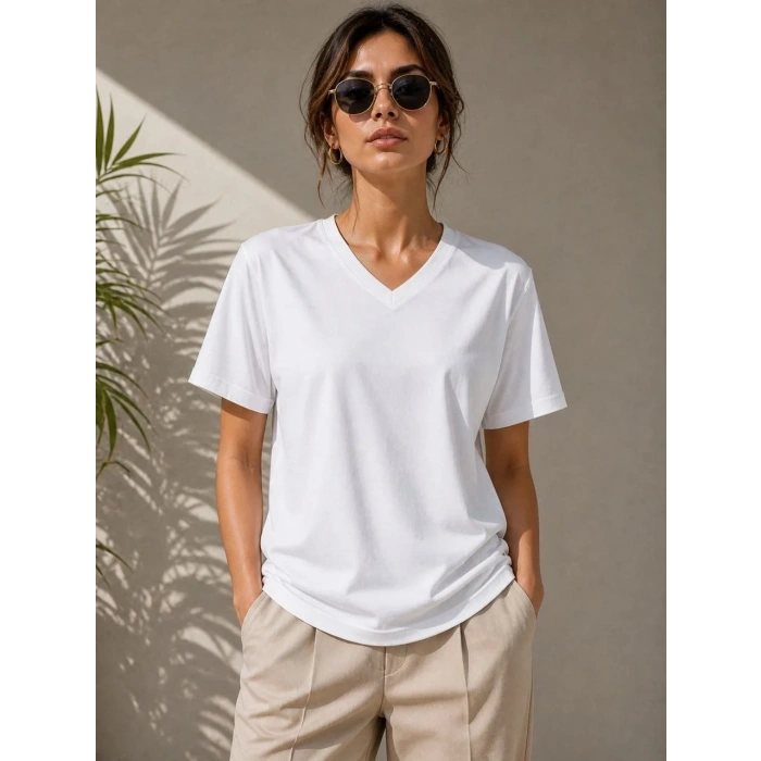 Kadın V Yaka Basic Tişört Kısa Kol Yazlık Regular Fit T-Shirt - Beyaz