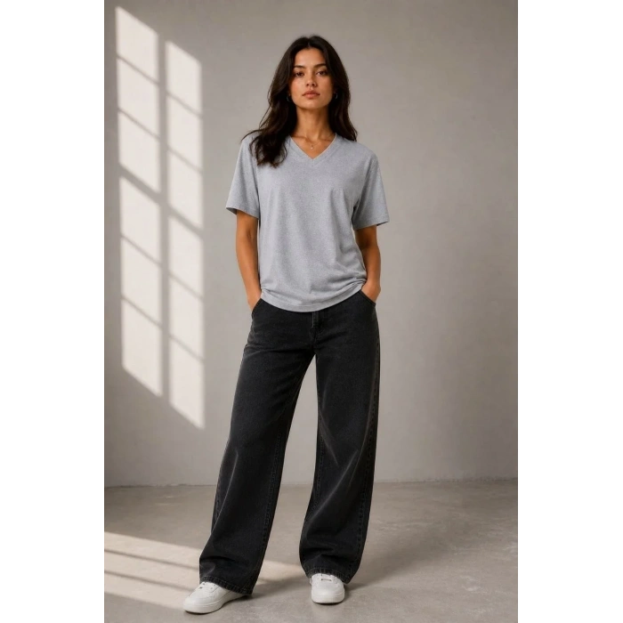 Kadın V Yaka Basic Tişört Kısa Kol Yazlık Regular Fit T-Shirt - Gri