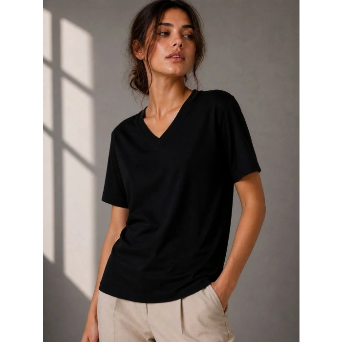 Kadın V Yaka Basic Tişört Kısa Kol Yazlık Regular Fit T-Shirt - Siyah