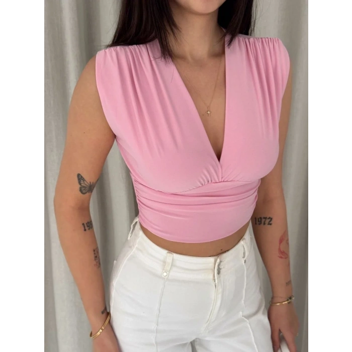 Kadın Vatkalı Kolsuz V Yaka Drapeli Crop Bluz Likralı Fit - Pembe