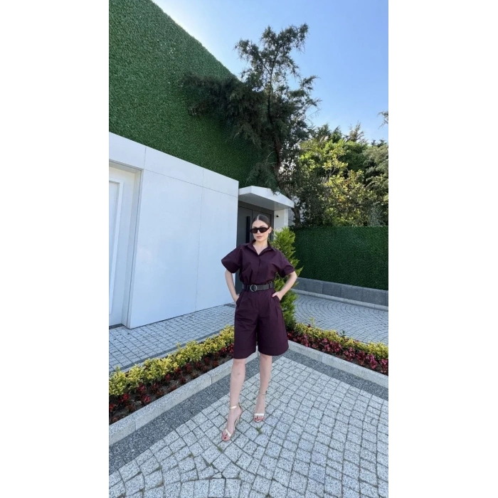 Kadın Yakalı Gömlek Kemerli Şortlu Alt-Üst Takım - Bordo